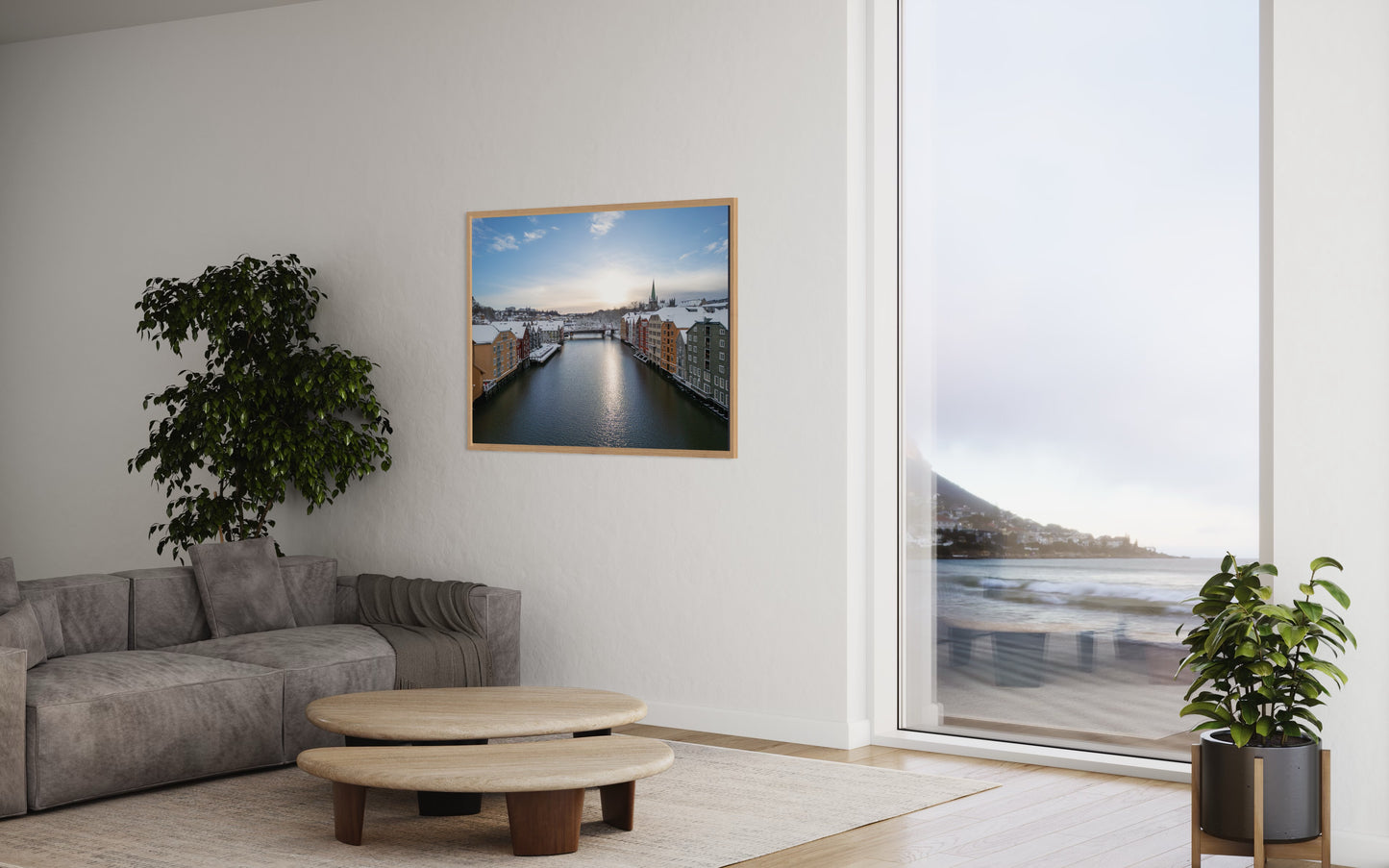 landskabsbillede fra den gamle by i Trondheim. Dronebillede af landskab, natur og arkitektur trykt som plakat eller på fotolærred til hjemmet.