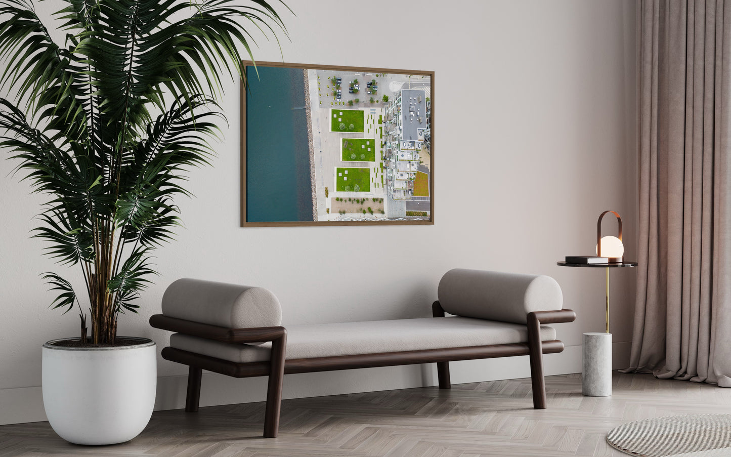 Landskabsbillede fra Aarhus Ø set fra oven. Dronebillede af landskab, natur og arkitektur trykt som plakat eller på lærred til hjemmet