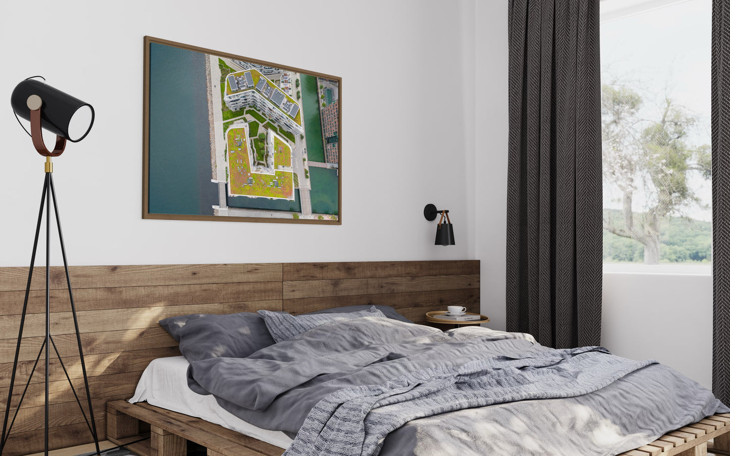 Landskabsbillede fra Aarhus Ø set fra oven. Dronebillede af landskab, natur og arkitektur trykt som plakat eller på lærred til hjemmet