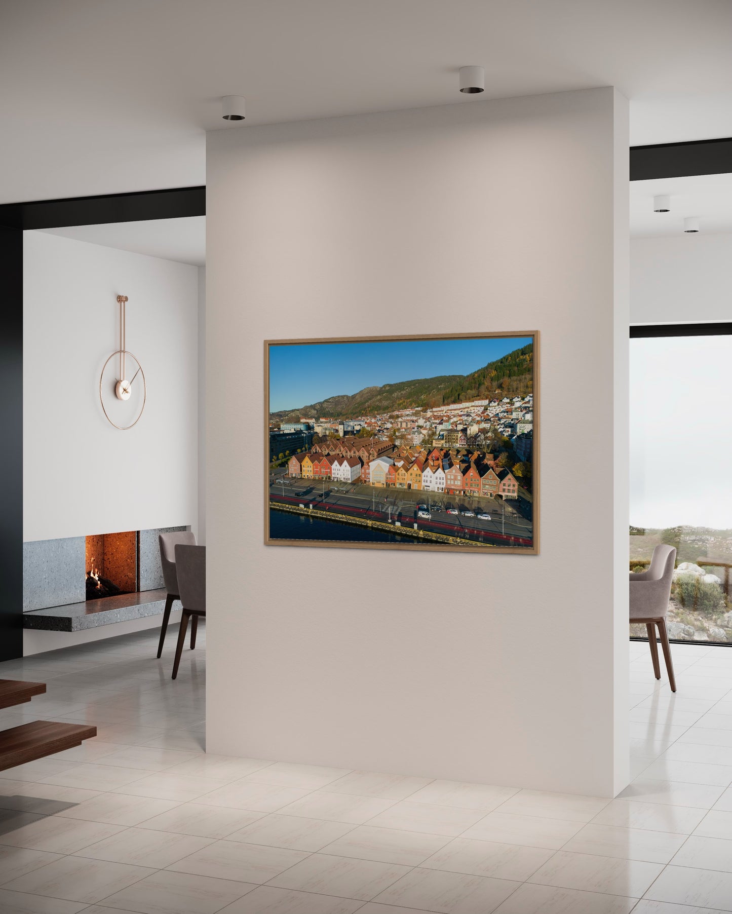 Landskabsbillede fra Bryggen i Bergen. Dronebillede af landskab, natur og arkitektur trykt som plakat eller på lærred til hjemmet