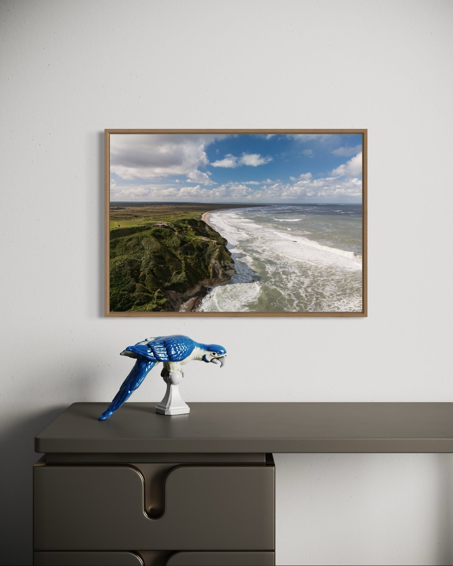 Landskabsbillede fra Bulbjerg ved vestkysten i Nordjylland. Dronebillede af landskab, natur og arkitektur trykt som plakat eller på fotolærred til hjemmet