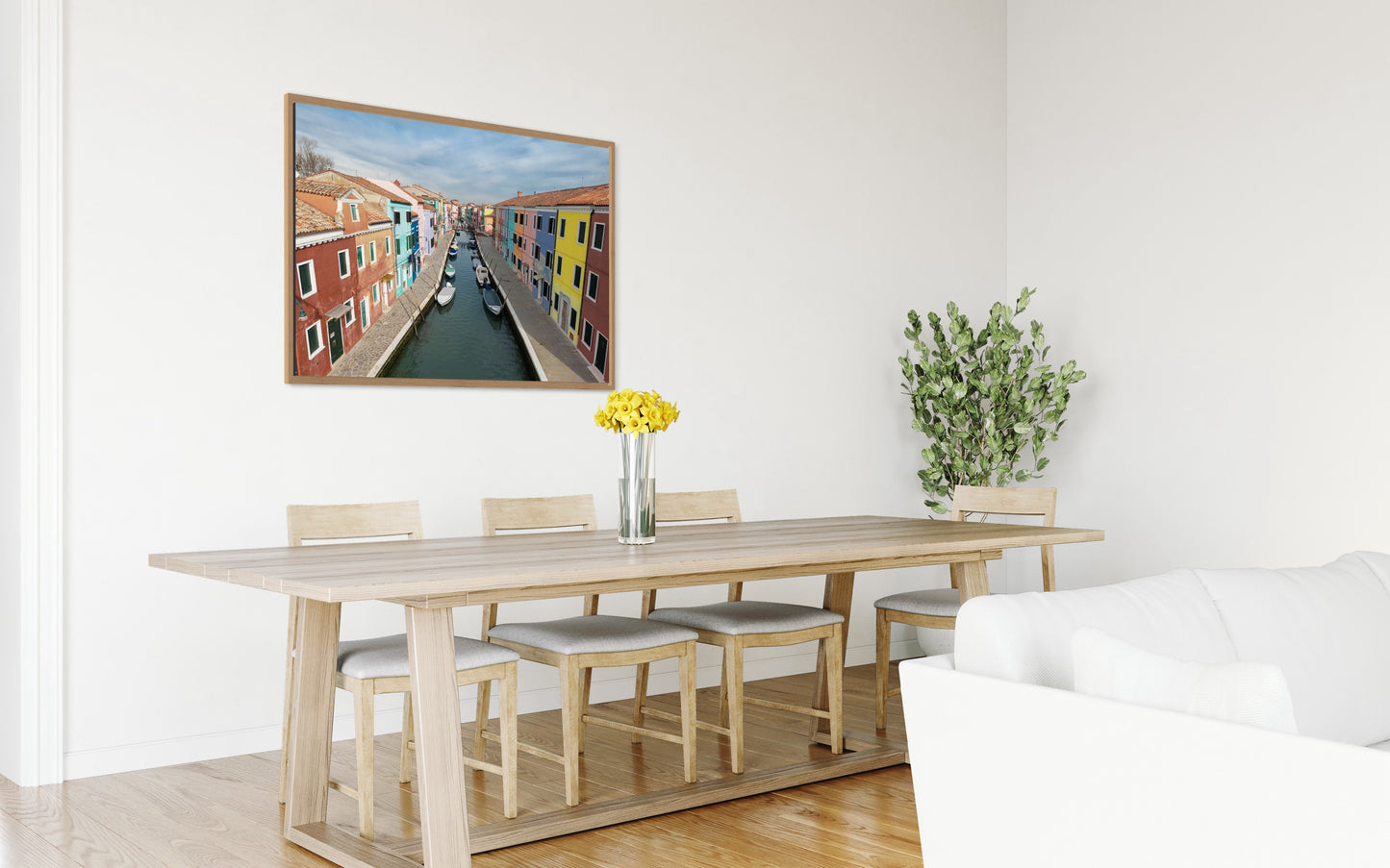 Landskabsbillede fra kanalen på Burano, Venedig. Dronebillede af landskab, natur og arkitektur trykt som plakat eller på lærred til hjemmet