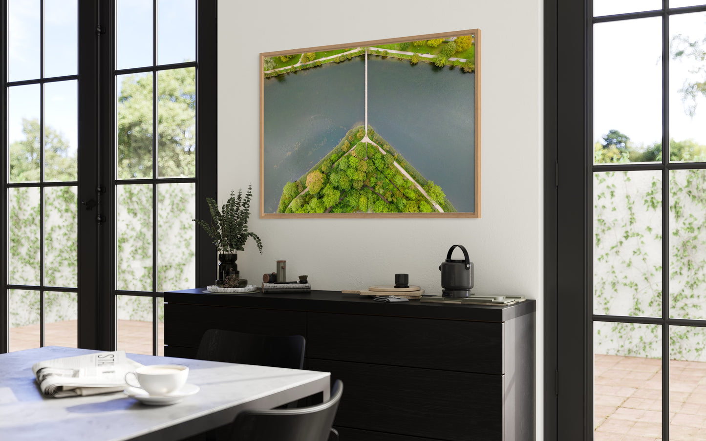 Landskabsbillede fra Christianshavn i København set fra oven. Dronebillede af landskab, natur og arkitektur trykt som plakat eller på lærred til hjemmet