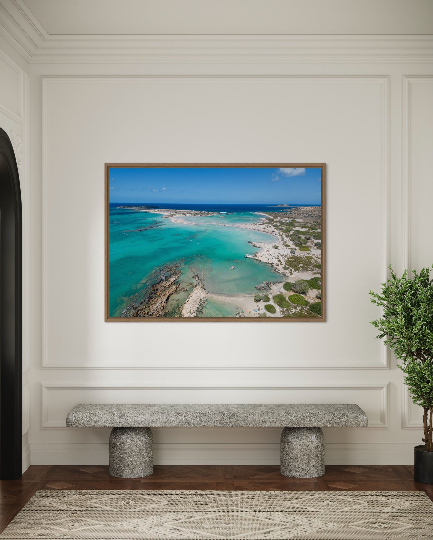 Landskabsbillede fra Elafonisi på Kreta. Dronebillede af landskab, natur og arkitektur trykt som plakat eller på lærred til hjemmet
