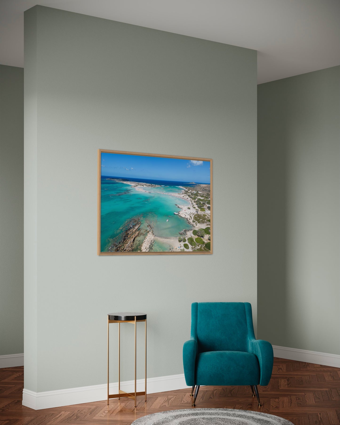Landskabsbillede fra Elafonisi på Kreta. Dronebillede af landskab, natur og arkitektur trykt som plakat eller på lærred til hjemmet