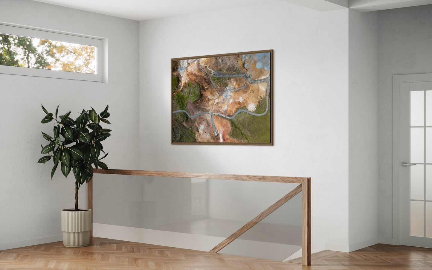 Landskabsbillede fra Island set fra oven. Dronebillede af landskab, natur og arkitektur trykt som plakat eller på lærred til hjemmet