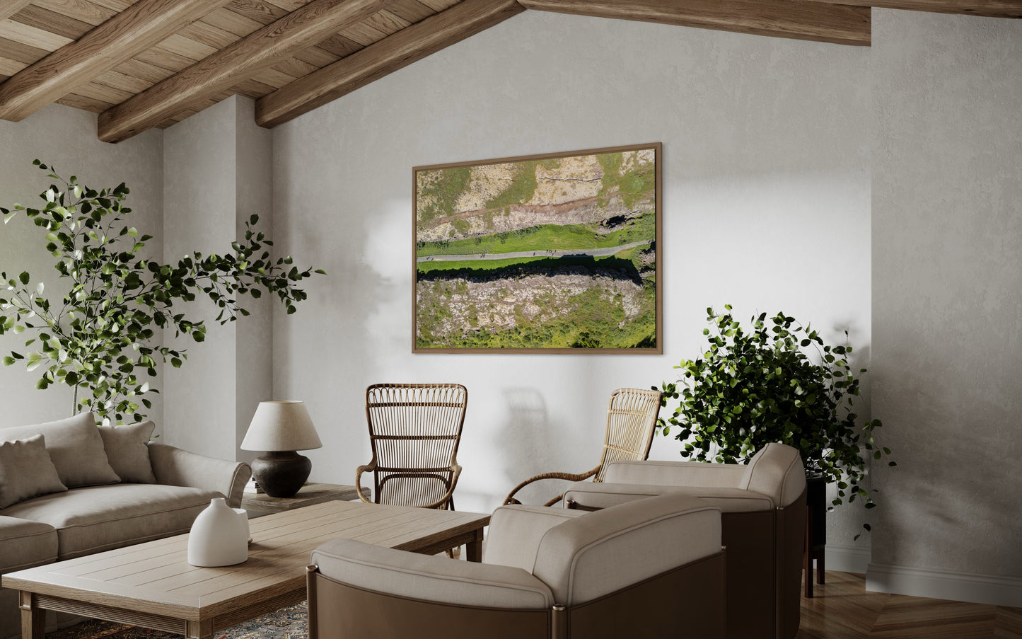 Landskabsbillede fra Island set fra oven. Dronebillede af landskab, natur og arkitektur trykt som plakat eller på lærred til hjemmet