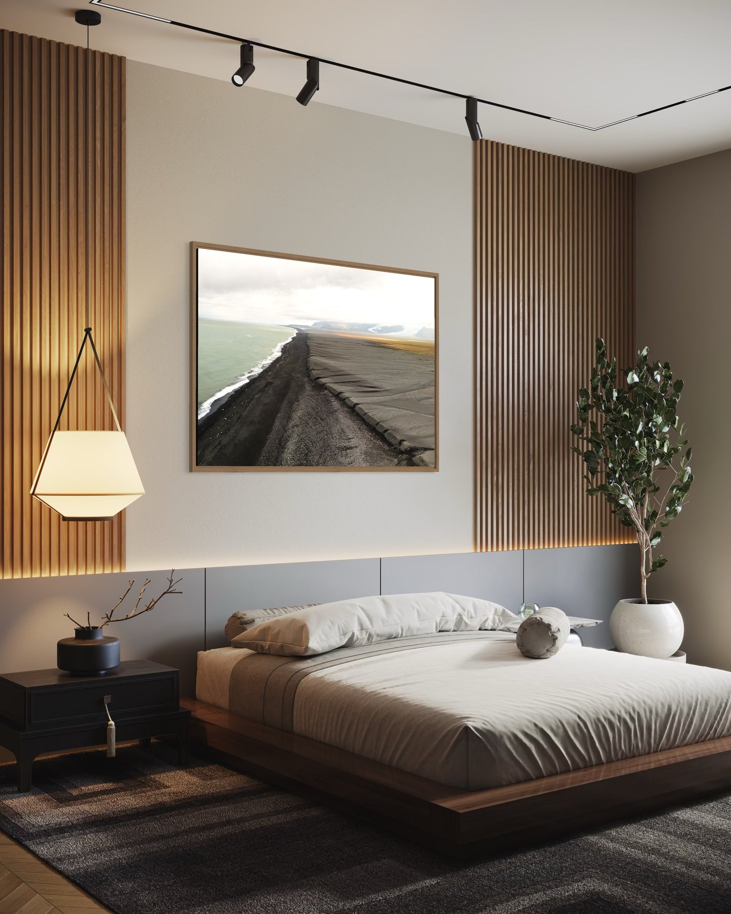Landskabsbillede fra kysten på Island. Dronebillede af landskab, natur og arkitektur trykt som plakat eller på lærred til hjemmet