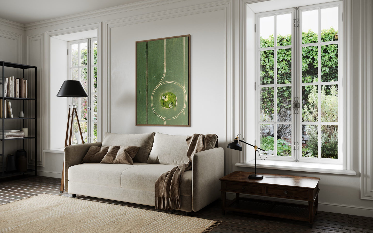 Landskabsbillede fra en mark ved Svendborg set fra oven. Dronebillede af landskab, natur og arkitektur trykt som plakat eller på lærred til hjemmet