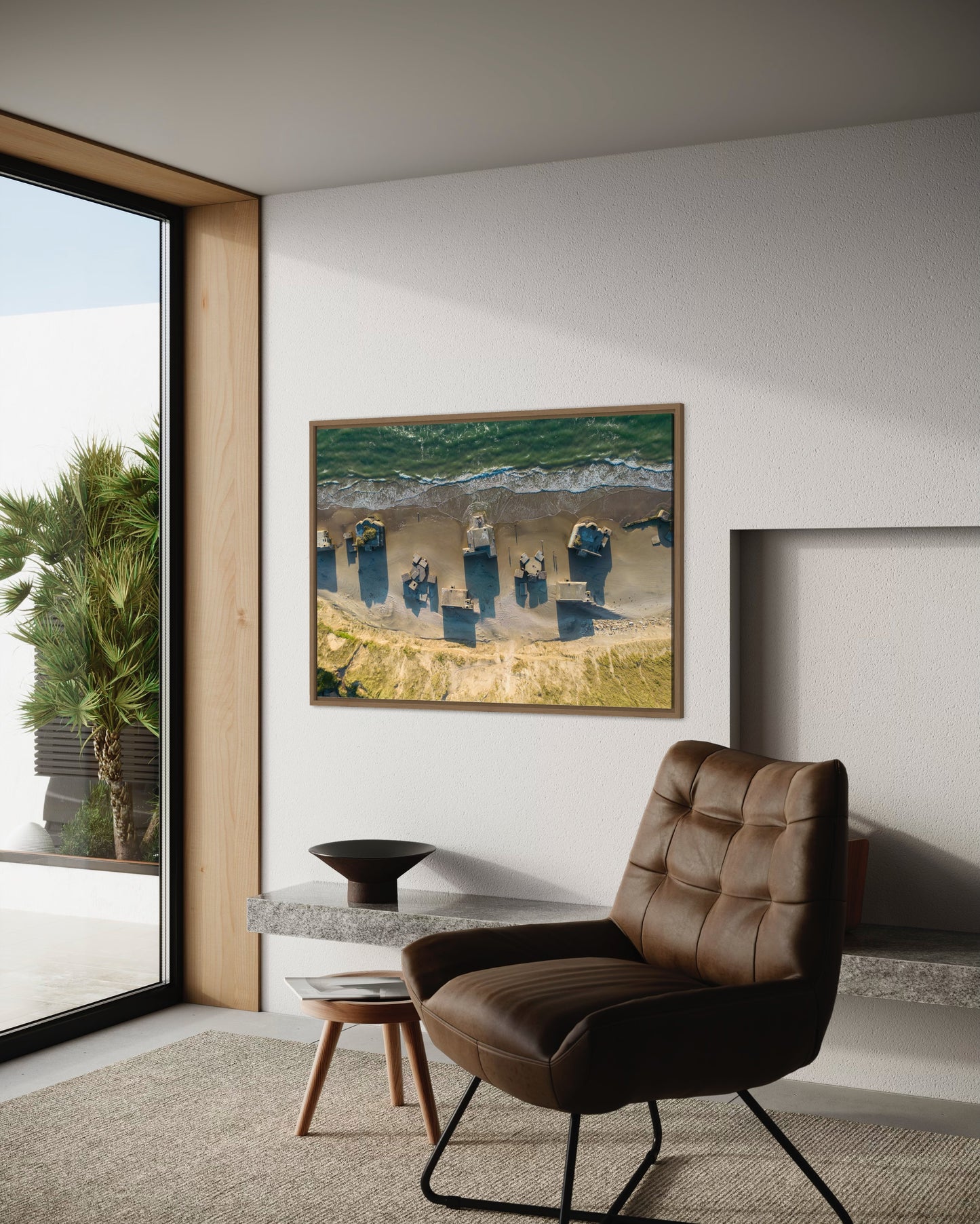 Landskabsbillede fra bunkerne ved Løkken set fra oven. Dronebillede af landskab, natur og arkitektur trykt som plakat eller på lærred til hjemmet