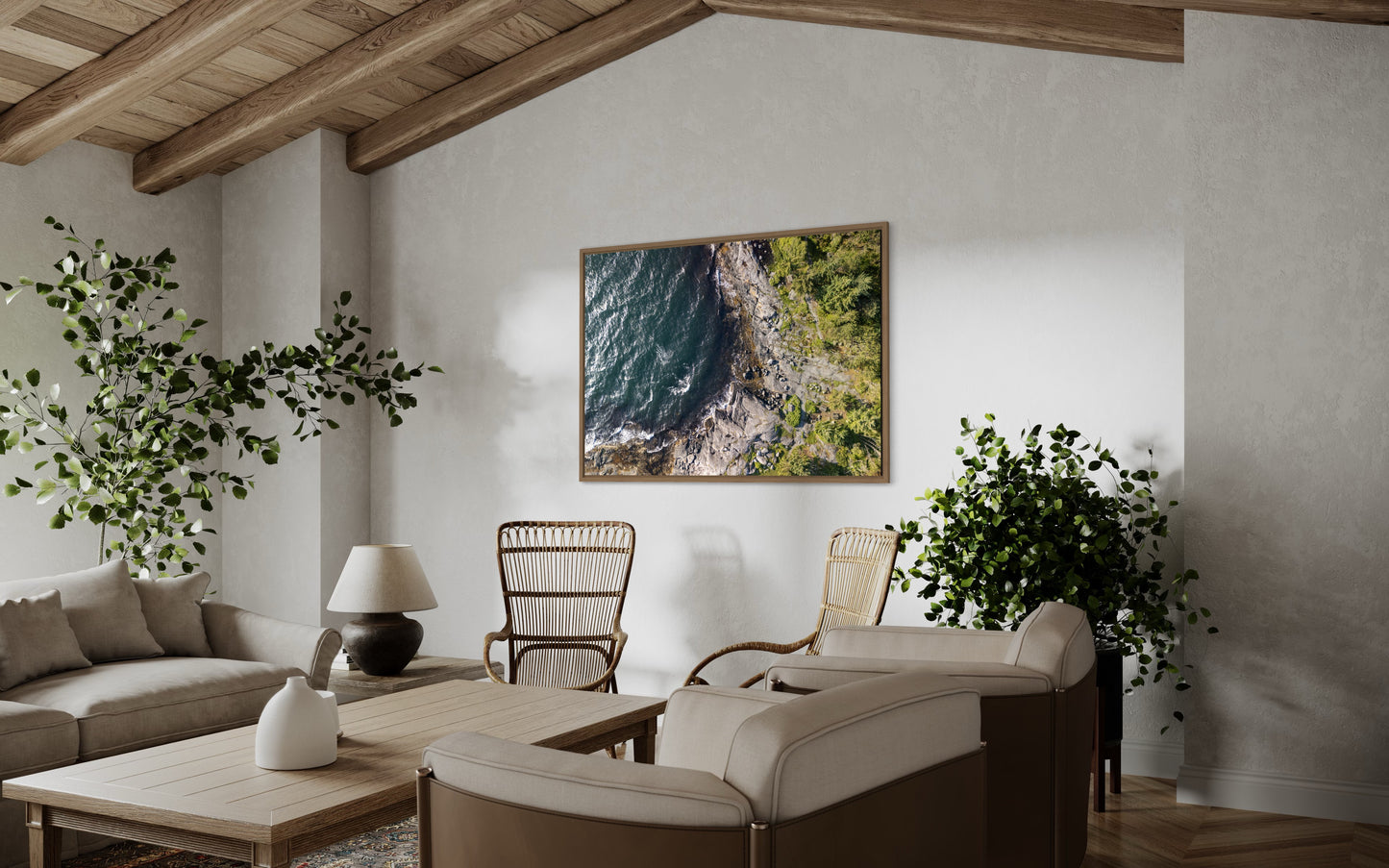 Landskabsbillede fra kysten ved Stavanger set fra oven. Dronebillede af landskab, natur og arkitektur trykt som plakat eller på lærred til hjemmet