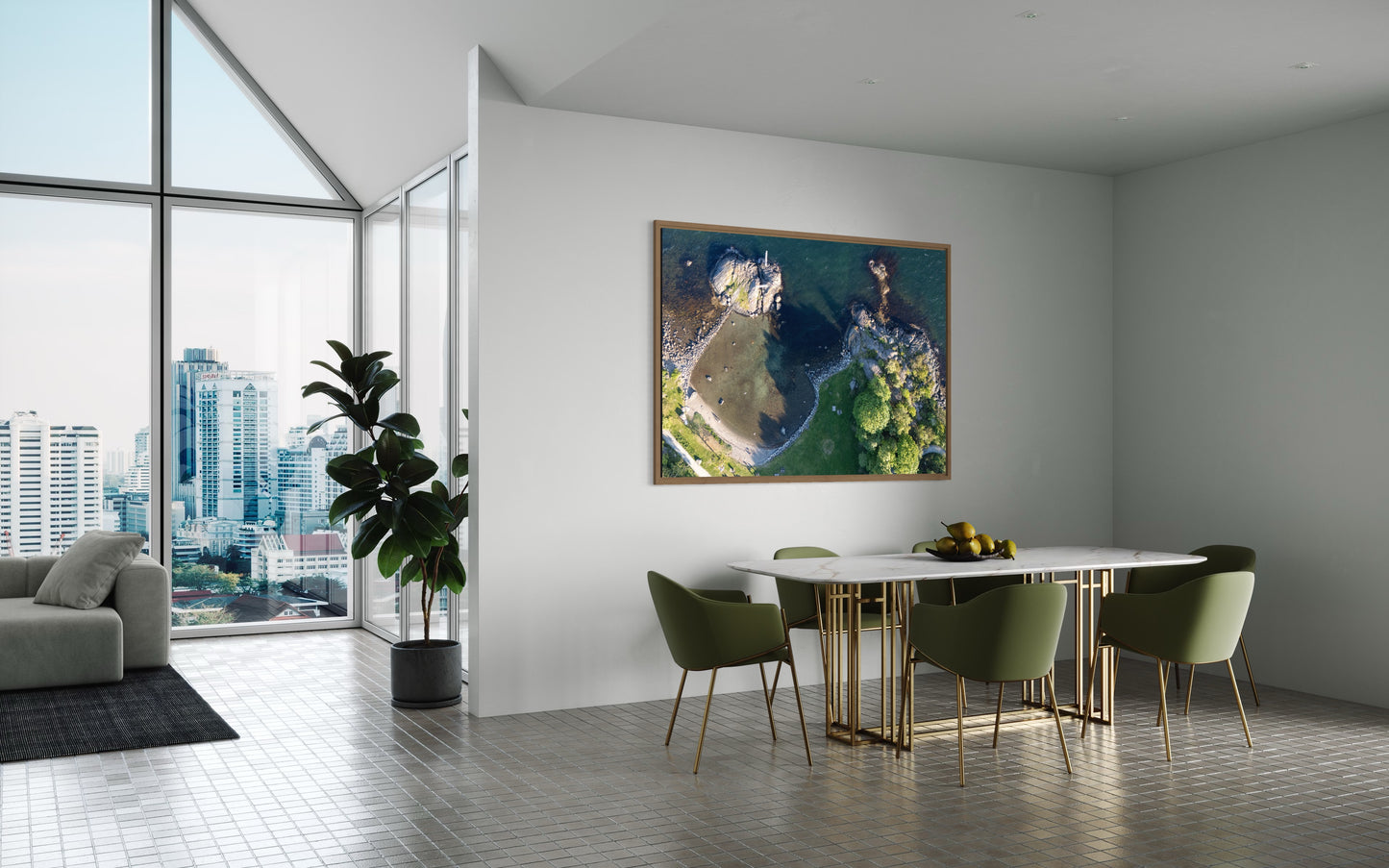 Landskabsbillede fra kysten ved Stavanger set fra oven. Dronebillede af landskab, natur og arkitektur trykt som plakat eller på lærred til hjemmet
