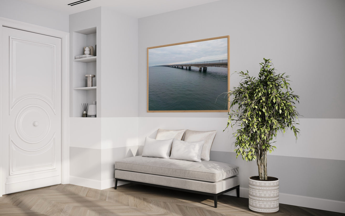 Landskabsbillede fra Storebæltsbroen. Dronebillede af landskab, natur og arkitektur trykt som plakat eller på lærred til hjemmet