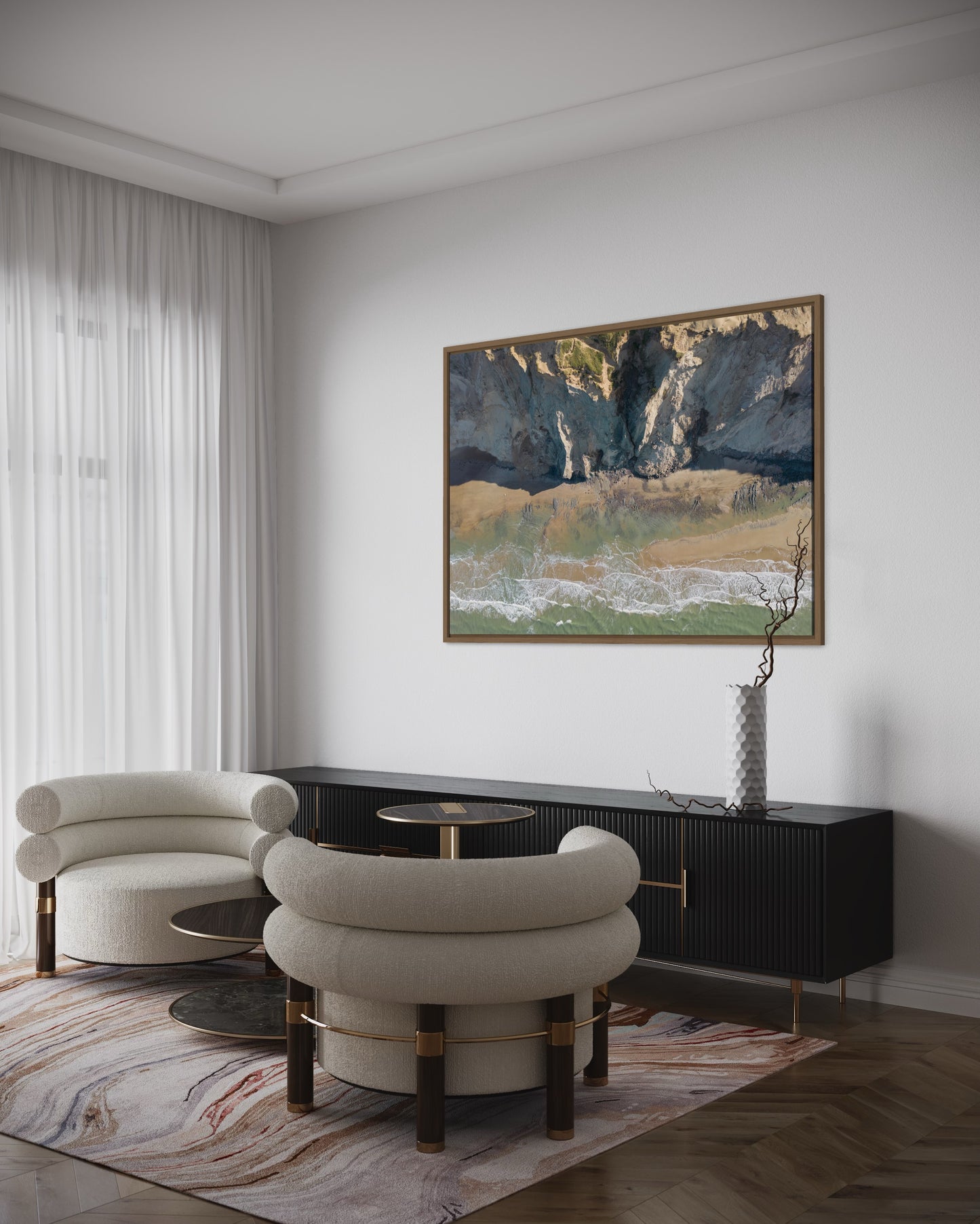 Landskabsbillede fra Rubjerg Knude ved Lønstrup set fra oven. Dronebillede af landskab, natur og arkitektur trykt som plakat eller på lærred til hjemmet