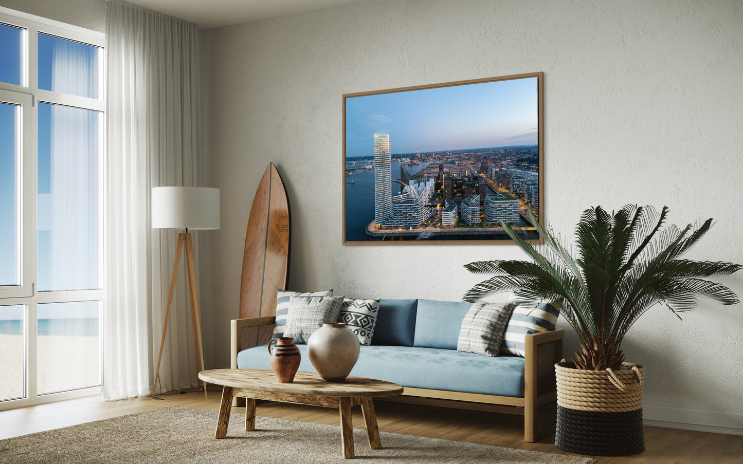 landskabsbillede af Lighthouse og Aarhus Ø. Dronebillede af landskab, natur og arkitektur trykt som plakat eller på lærred til hjemmet.