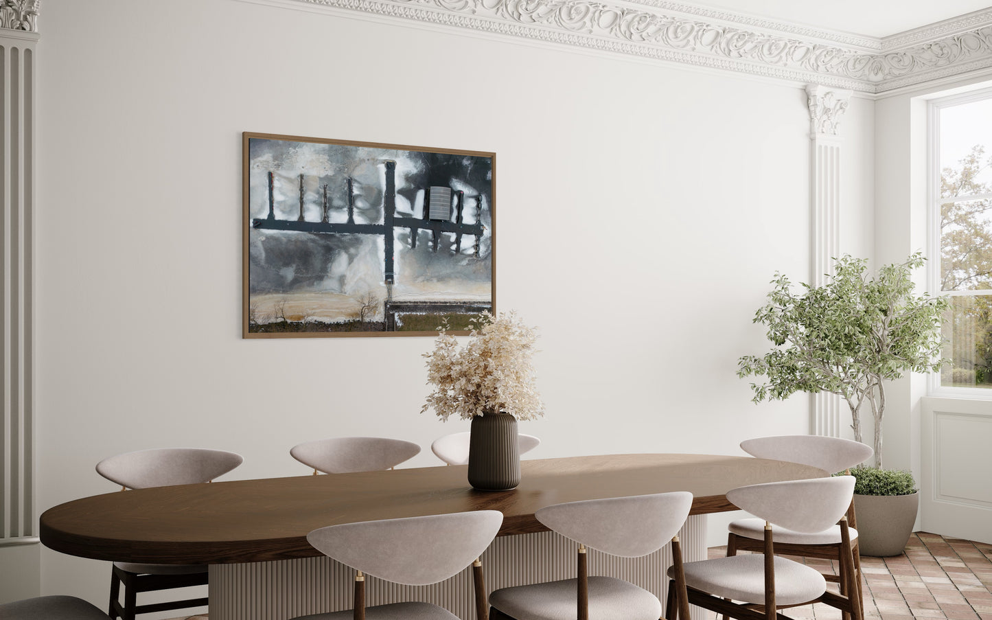 Landskabsbillede af fjorden i Riga om vinteren som er frosset til. Dronebillede af landskab, natur og arkitektur trykt som plakat eller på lærred til hjemmet.