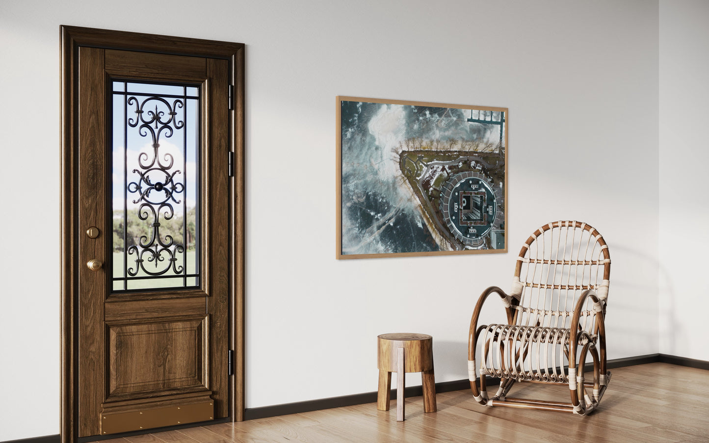 Landskabsbillede af fjorden i Riga om vinteren som er frosset til. Dronebillede af landskab, natur og arkitektur trykt som plakat eller på lærred til hjemmet.