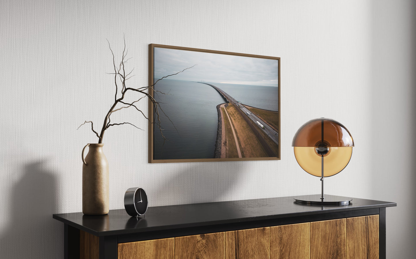 Landskabsbillede taget ved Storebæltsbroen fra Fyn. Dronebillede af landskab, natur og arkitektur trykt som plakat eller på fotolærred til hjemmet