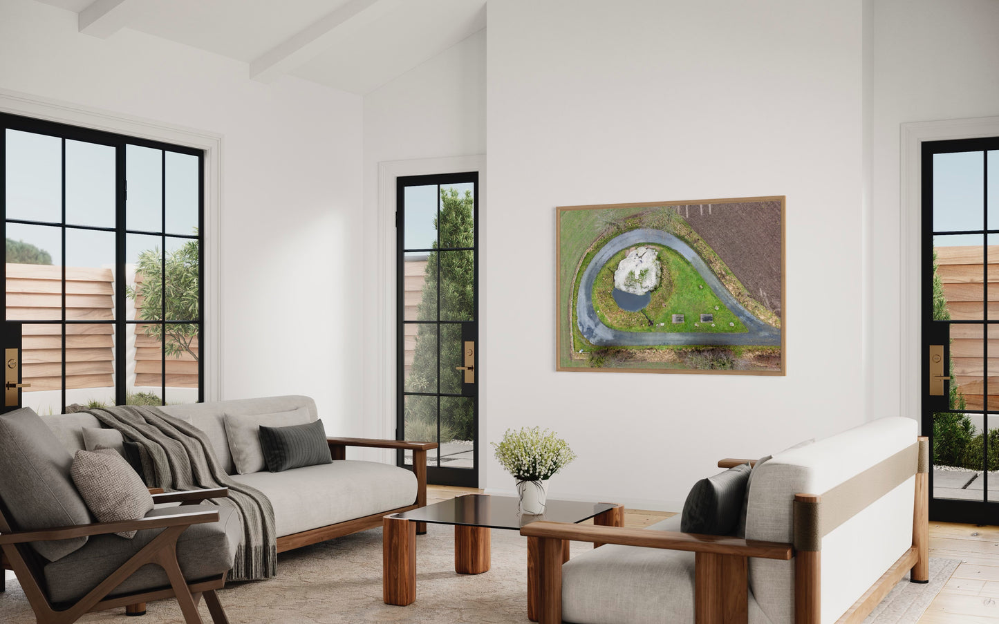 Landskabsbillede af Damstenen ved Hesselager på Fyn. Dronebillede af landskab, natur og arkitektur trykt som plakat eller på lærred til hjemmet.