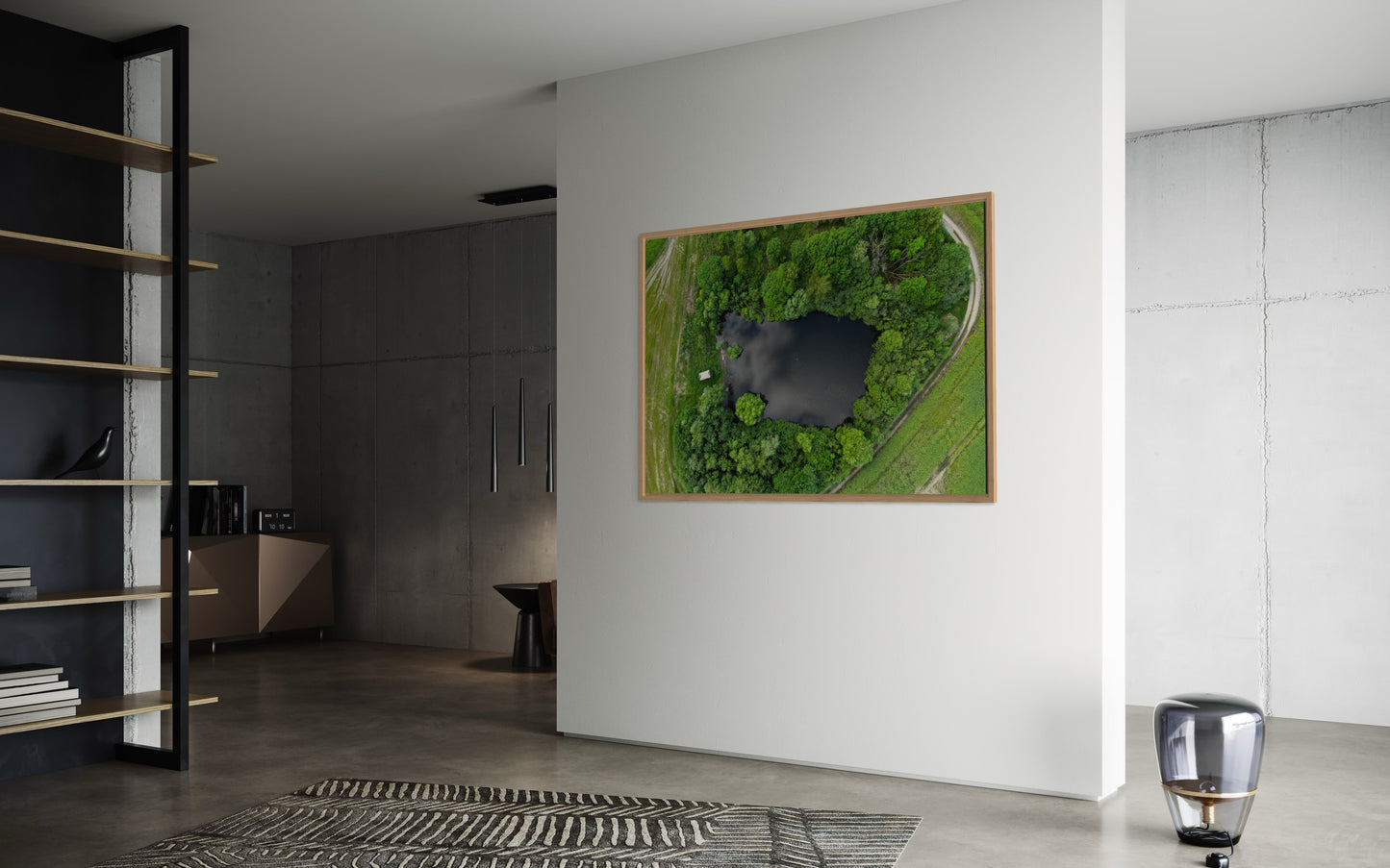 landskabsbillede fra Fyn. Dronebillede af landskab, natur og arkitektur trykt som plakat eller på fotolærred til hjemmet.