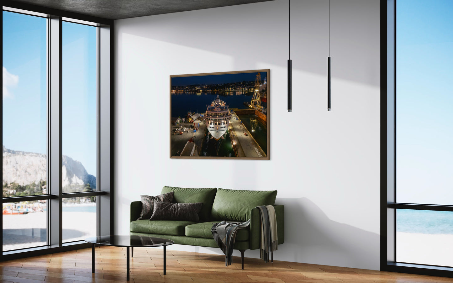 Landskabsbillede af Havila Pollux, på vej ud af tørdokken. Dronebillede af landskab, natur og arkitektur trykt som plakat eller på lærred til hjemmet.