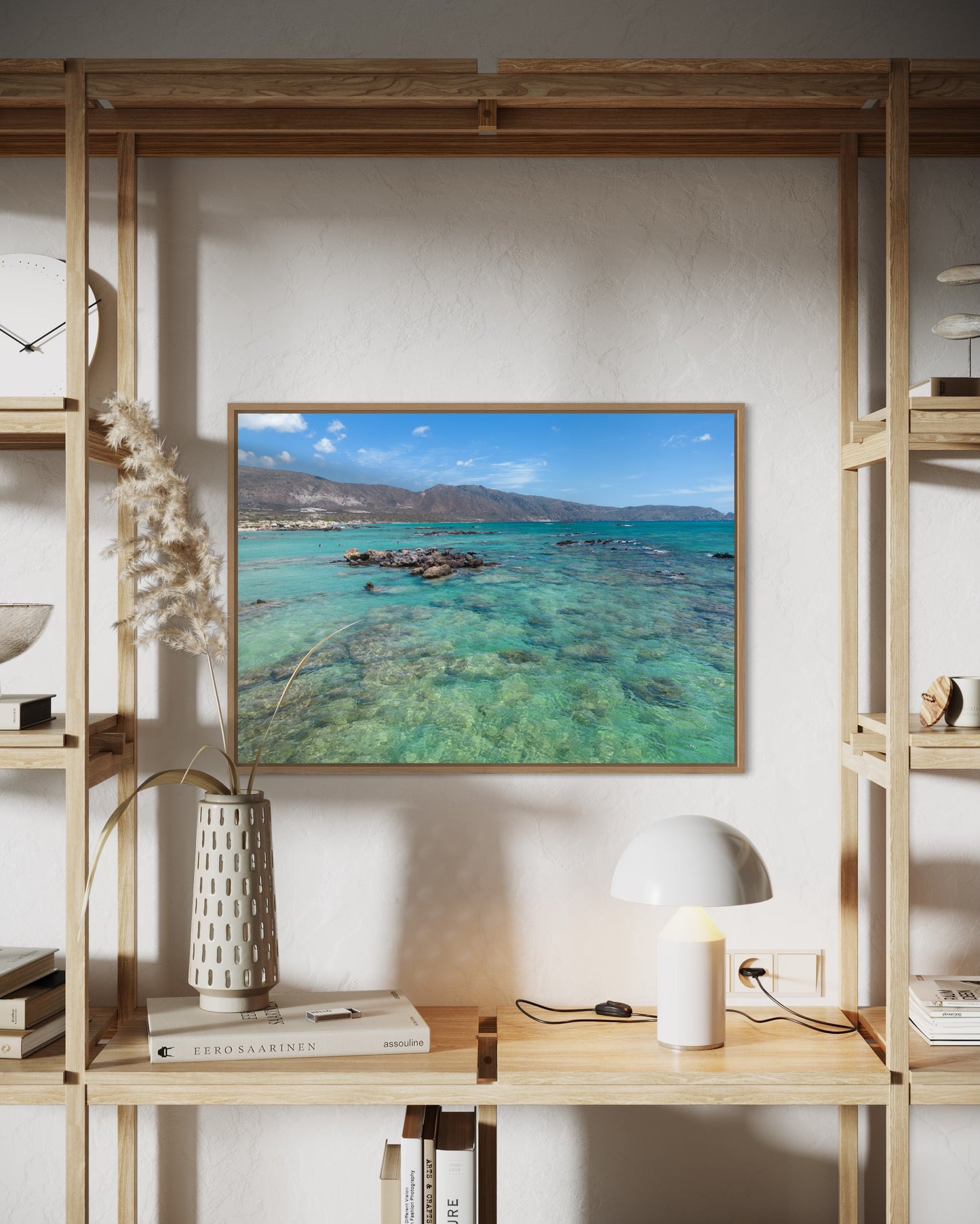 Landskabsbillede fra Elafonisi på Kreta. Dronebillede af landskab, natur og arkitektur trykt som plakat eller på lærred til hjemmet