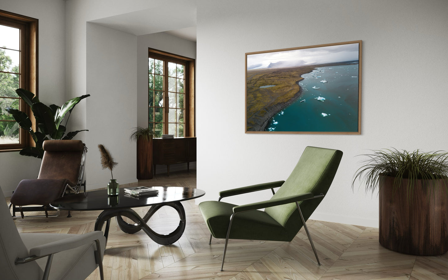 Landskabsbillede af en gletchersø på Island. I baggrunden ses gletcheren. Dronebillede af landskab, natur og arkitektur trykt som plakat eller på lærred til hjemmet.