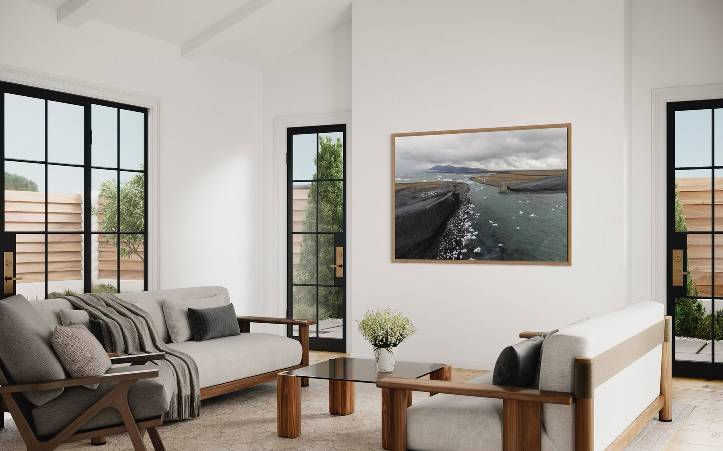 landskabsbillede fra Diamond Beach på Island. Dronebillede af landskab, natur og arkitektur trykt som plakat eller på fotolærred til hjemmet.