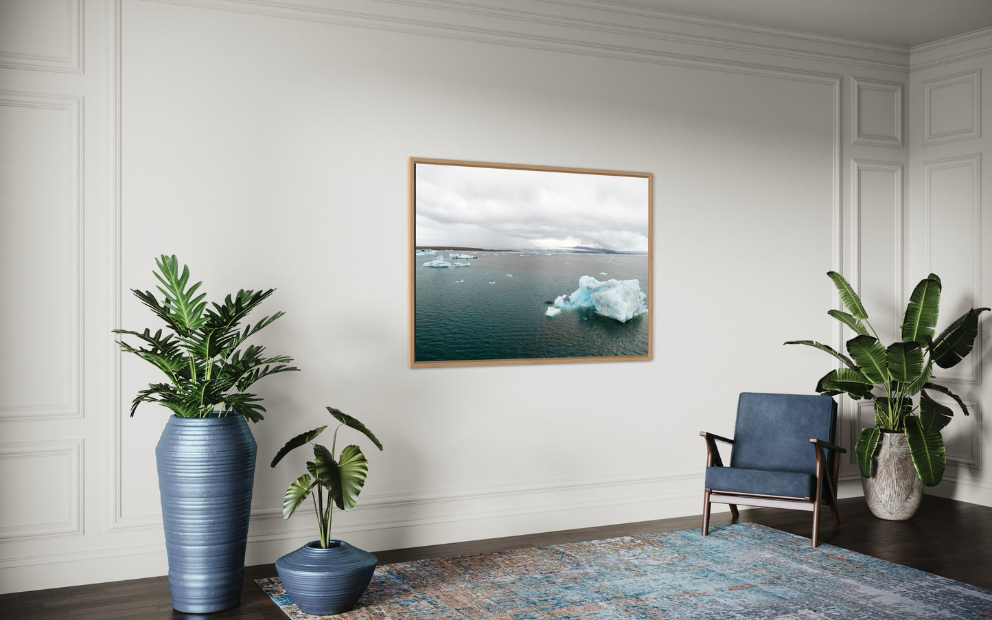 Landskabsbillede af en gletchersø på Island. Dronebillede af landskab, natur og arkitektur trykt som plakat eller på lærred til hjemmet
