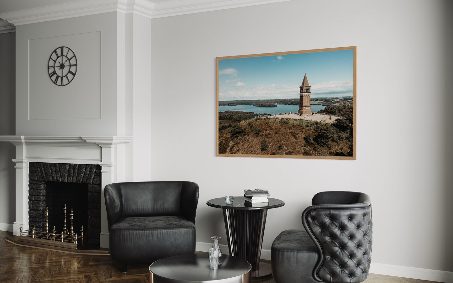 Landskabsbillede taget ved Himmelbjerget ved Skanderborg. Dronebillede af landskab, natur og arkitektur trykt som plakat eller på lærred til hjemmet.