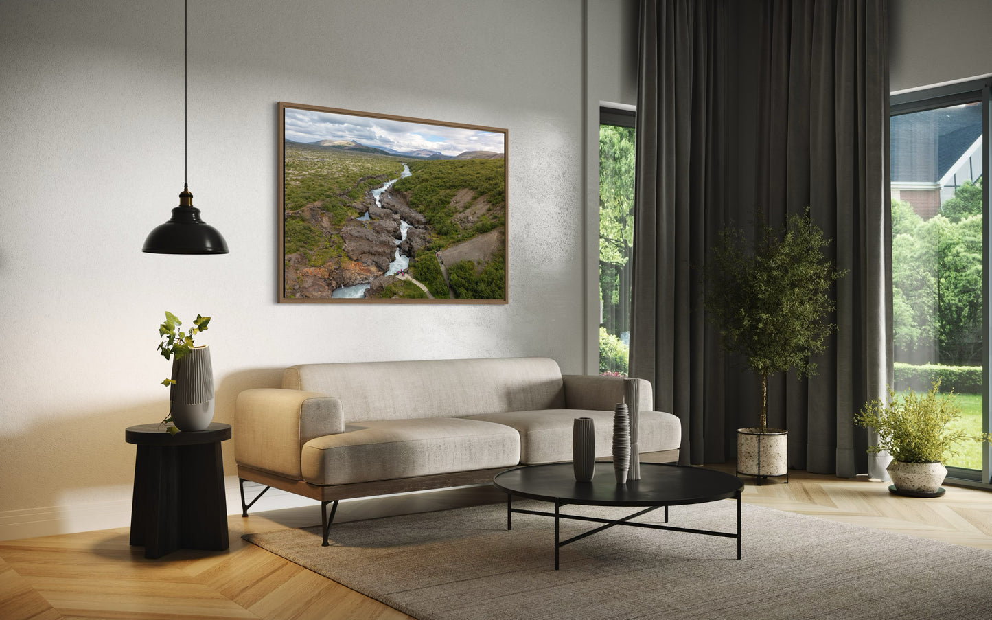 Landskabsbillede fra lavavandfaldet "Hraunfossar" på Island. Dronebillede af landskab, natur og arkitektur trykt som plakat eller på fotolærred til hjemmet
