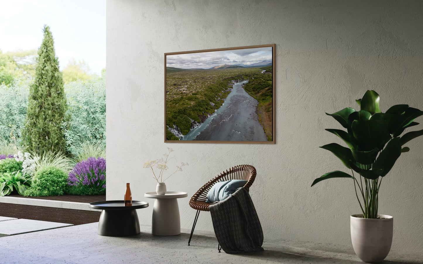 landskabsbillede af det unikke lavavandfald "Hraunfossar" på Island. Dronebillede af landskab, natur og arkitektur trykt som plakat eller på lærred til hjemmet.