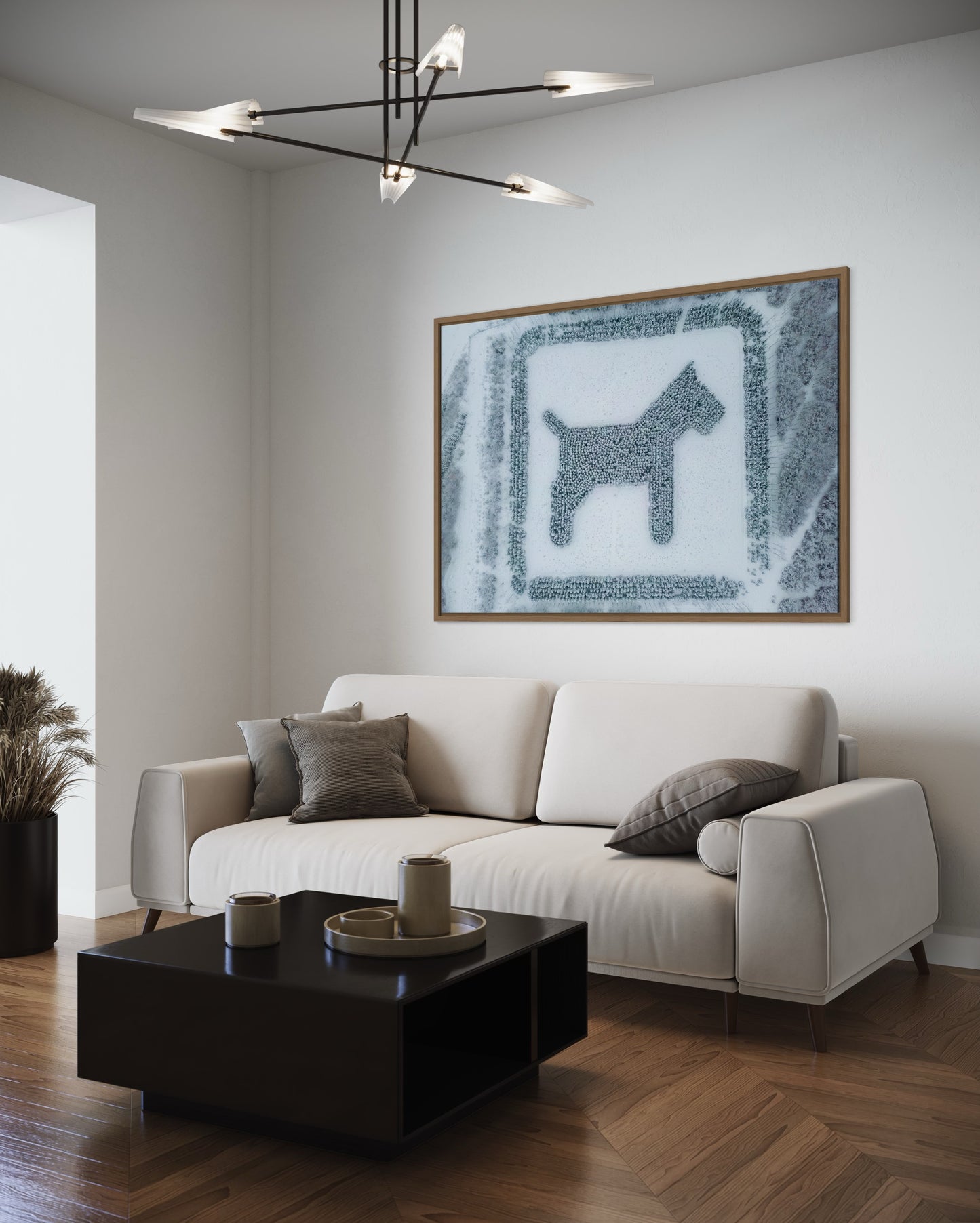 Landskabsbillede af en hundeskov ved Støvring, formet som en hund. Dronebillede af landskab, natur og arkitektur trykt som plakat eller på lærred til hjemmet