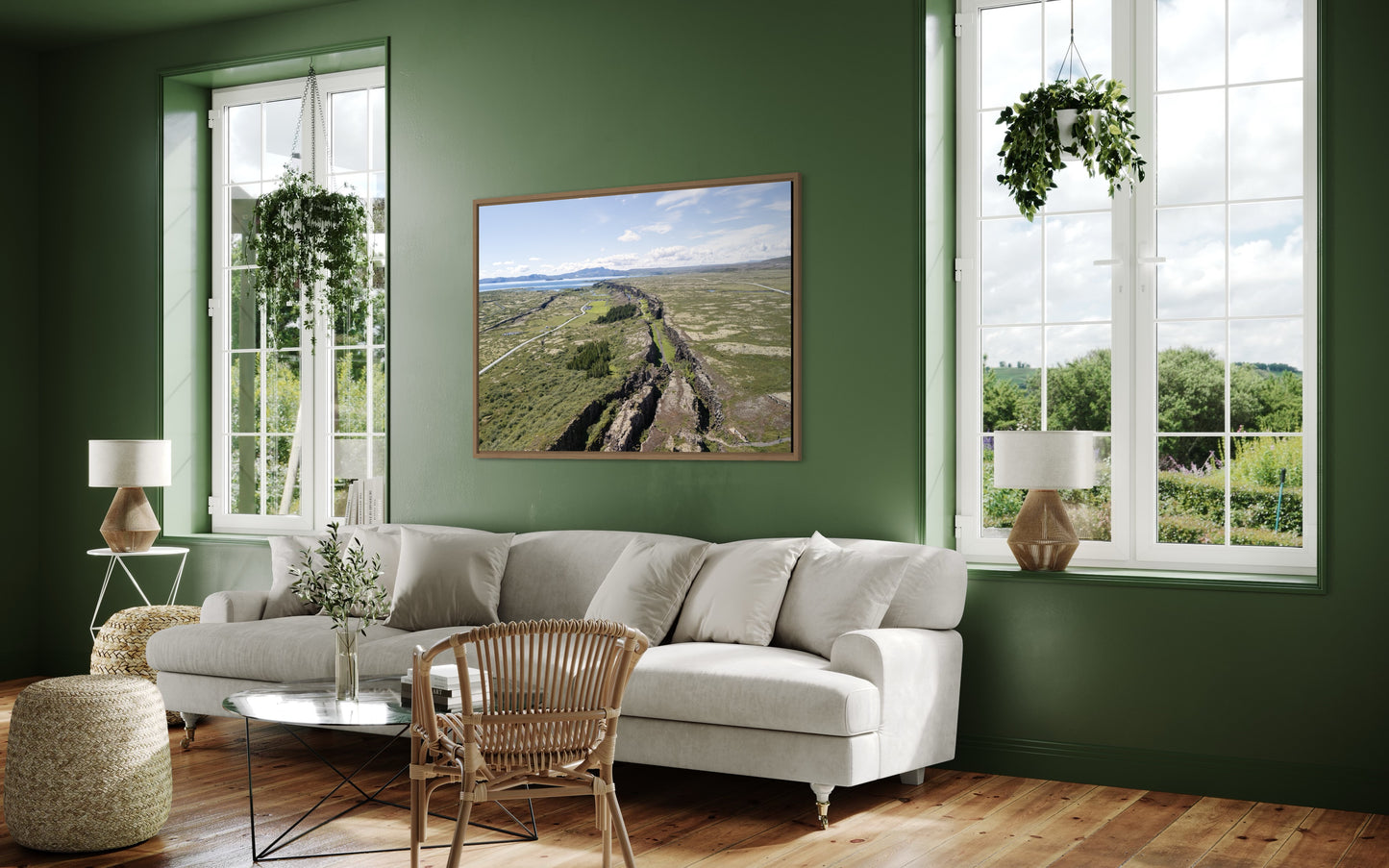 Landskabsbillede af to kontinentalpladser som synes på Island. Dronebillede af landskab, natur og arkitektur trykt som plakat eller på lærred til hjemmet.