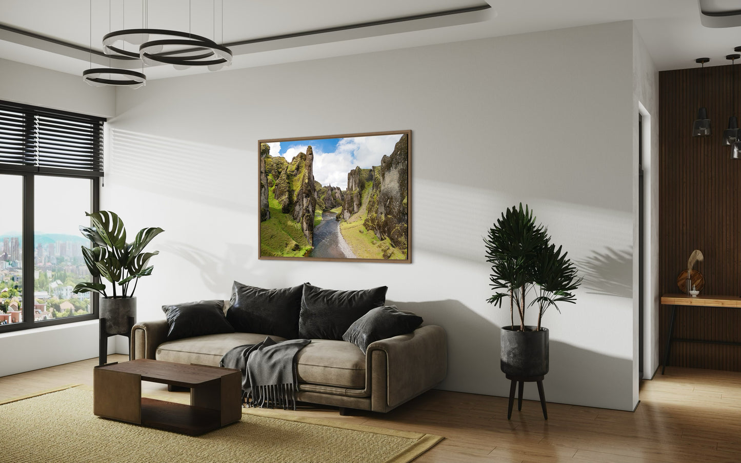 Landskabsbillede af kløften Fjaðrárgljúfur på det sydlige Island. Dronebillede af landskab, natur og arkitektur trykt som plakat eller på lærred til hjemmet.