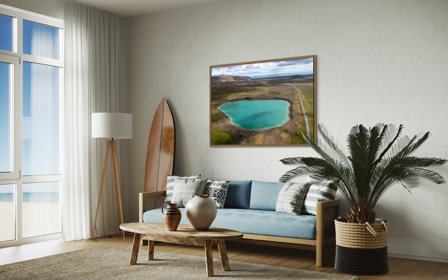 Landskabsbillede fra Island. Dronebillede af landskab, natur og arkitektur trykt som plakat eller på lærred til hjemmet