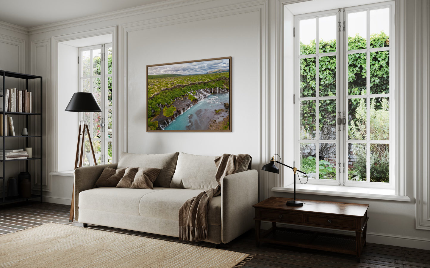 Landskabsbillede af det unikke lavavandfald "Hraunfossar" på Island . Dronebillede af landskab, natur og arkitektur trykt som plakat eller på lærred til hjemmet.