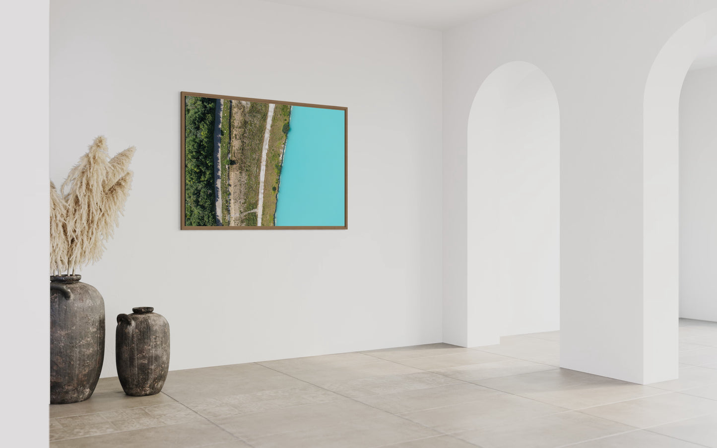 Landskabsbillede af kalkminen i Aalborg. Dronebillede af landskab, natur og arkitektur trykt som plakat eller på fotolærred til hjemmet