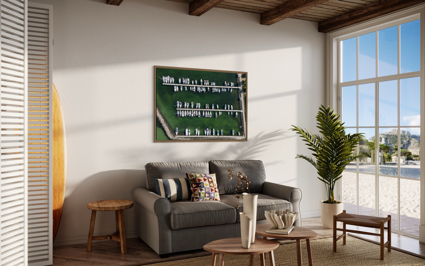 Landskabsbillede af lystbådehavnen i Kerteminde. Dronebillede af landskab, natur og arkitektur trykt som plakat eller på lærred til hjemmet.