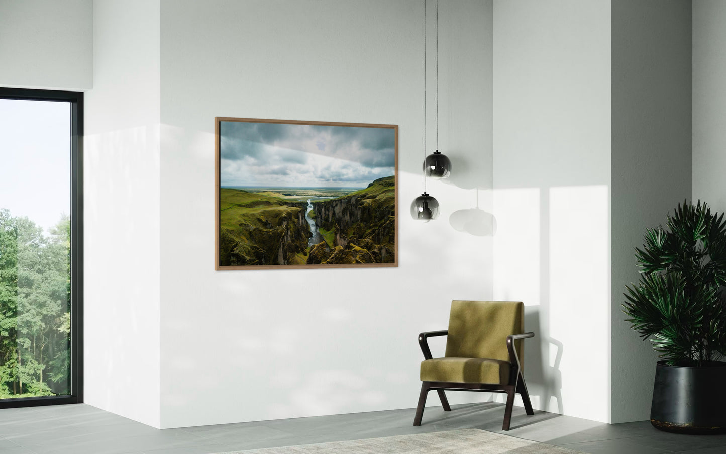 Landskabsbillede af den unikke kløft "Fjaðrárgljúfur" på Island . Dronebillede af landskab, natur og arkitektur trykt som plakat eller på lærred til hjemmet.