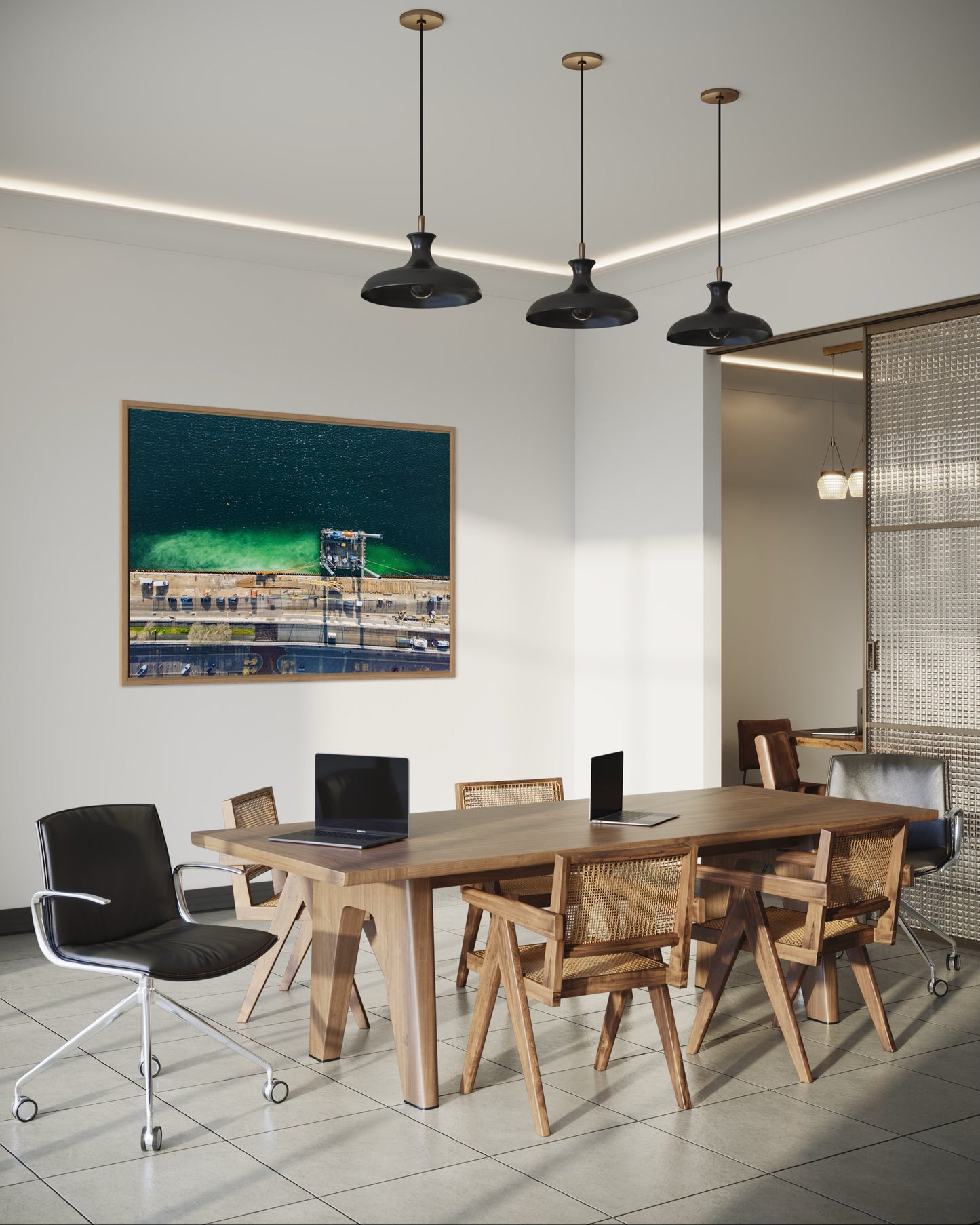 Landskabsbillede af havnearbejde i København. Dronebillede af landskab, natur og arkitektur trykt som plakat eller på lærred til hjemmet.