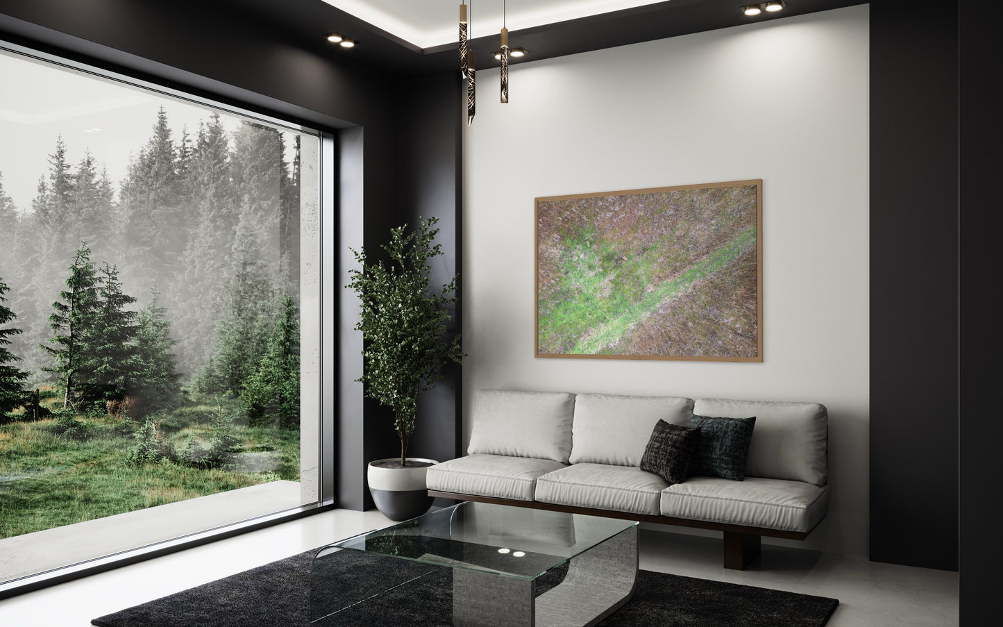 Landskabsbillede taget over en pilemark hvor krondyr ses. Dronebillede af landskab, natur og arkitektur trykt som plakat eller på fotolærred til hjemmet.