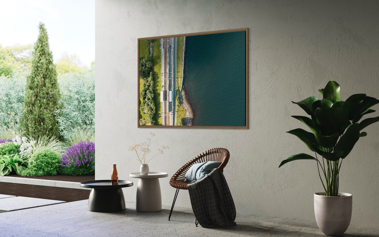 Landskabsbillede fra kysten ved Stavanger set fra oven. Dronebillede af landskab, natur og arkitektur trykt som plakat eller på lærred til hjemmet