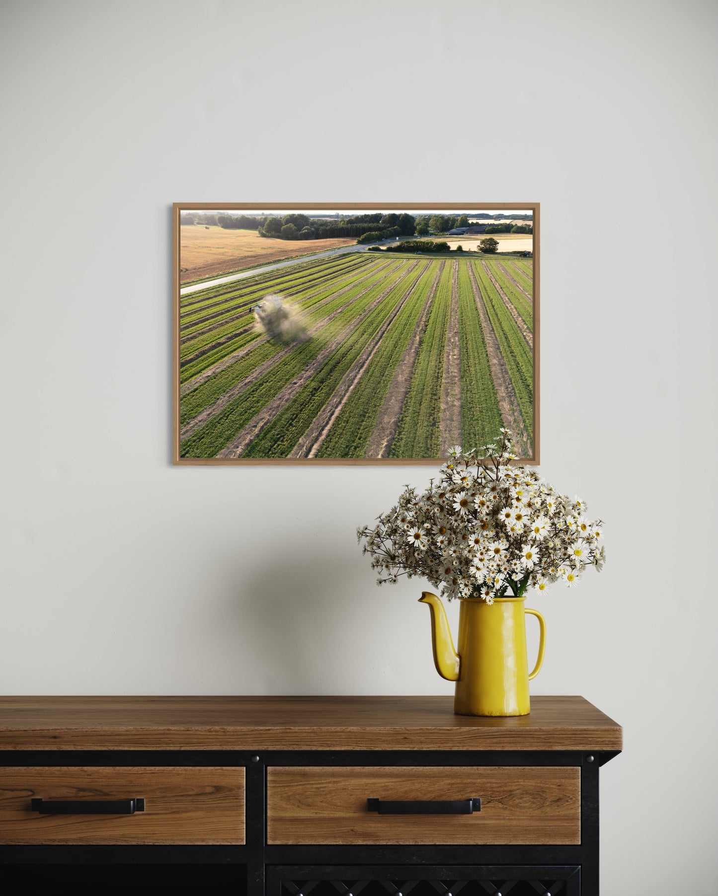 Landskabsbillede af høsten som er begyndt. Dronebillede af landskab, natur og arkitektur trykt som plakat eller på lærred til hjemmet.