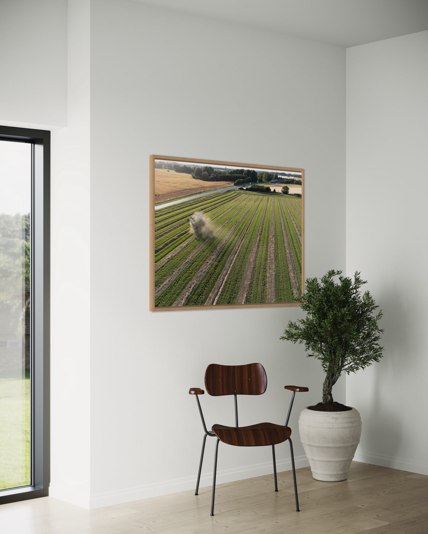 Landskabsbillede af høsten som er begyndt. Dronebillede af landskab, natur og arkitektur trykt som plakat eller på lærred til hjemmet.