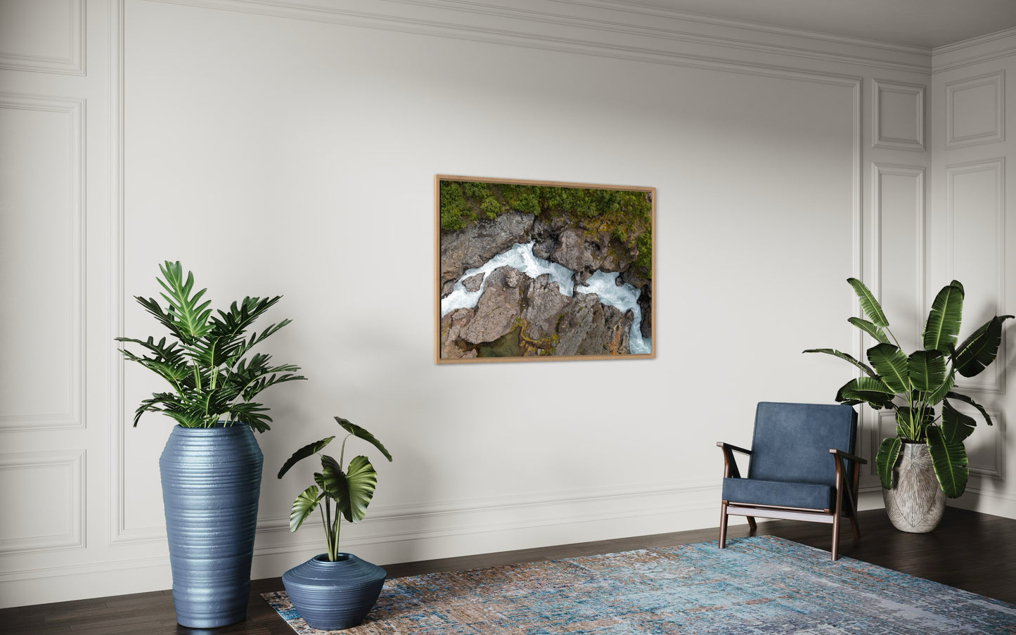 landskabsbillede af det unikke lavavandfald "Hraunfossar" på Island. Dronebillede af landskab, natur og arkitektur trykt som plakat eller på lærred til hjemmet.