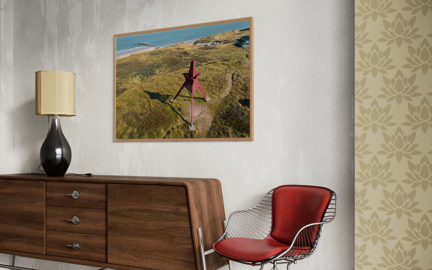 landskabsbillede af sømærket Løkkenstjernen. Dronebillede af landskab, natur og arkitektur trykt som plakat eller på lærred til hjemmet.