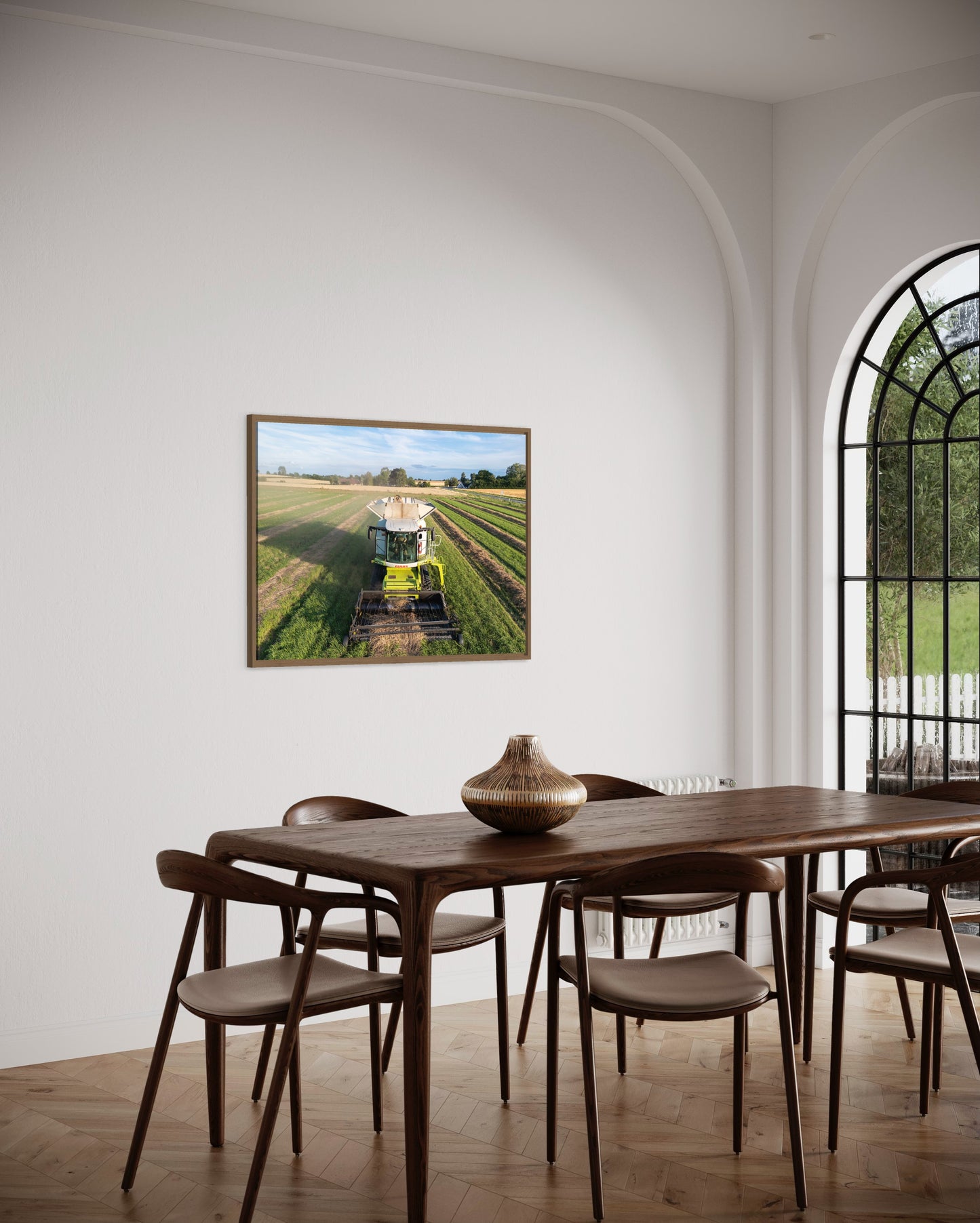 Landskabsbillede af høsten som er startet ved Hesselager på Fyn. Dronebillede af landskab, natur og arkitektur trykt som plakat eller på fotolærred til hjemmet