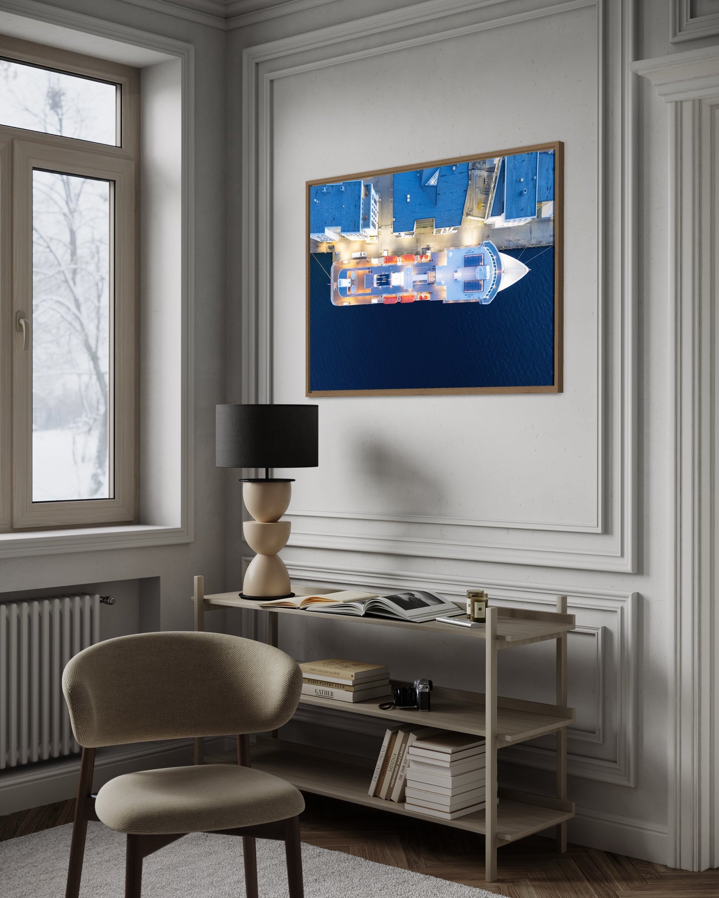 Landskabsbillede af Havila Pollux til kaj i Ålesund. Dronebillede af landskab, natur og arkitektur trykt som plakat eller på lærred til hjemmet.