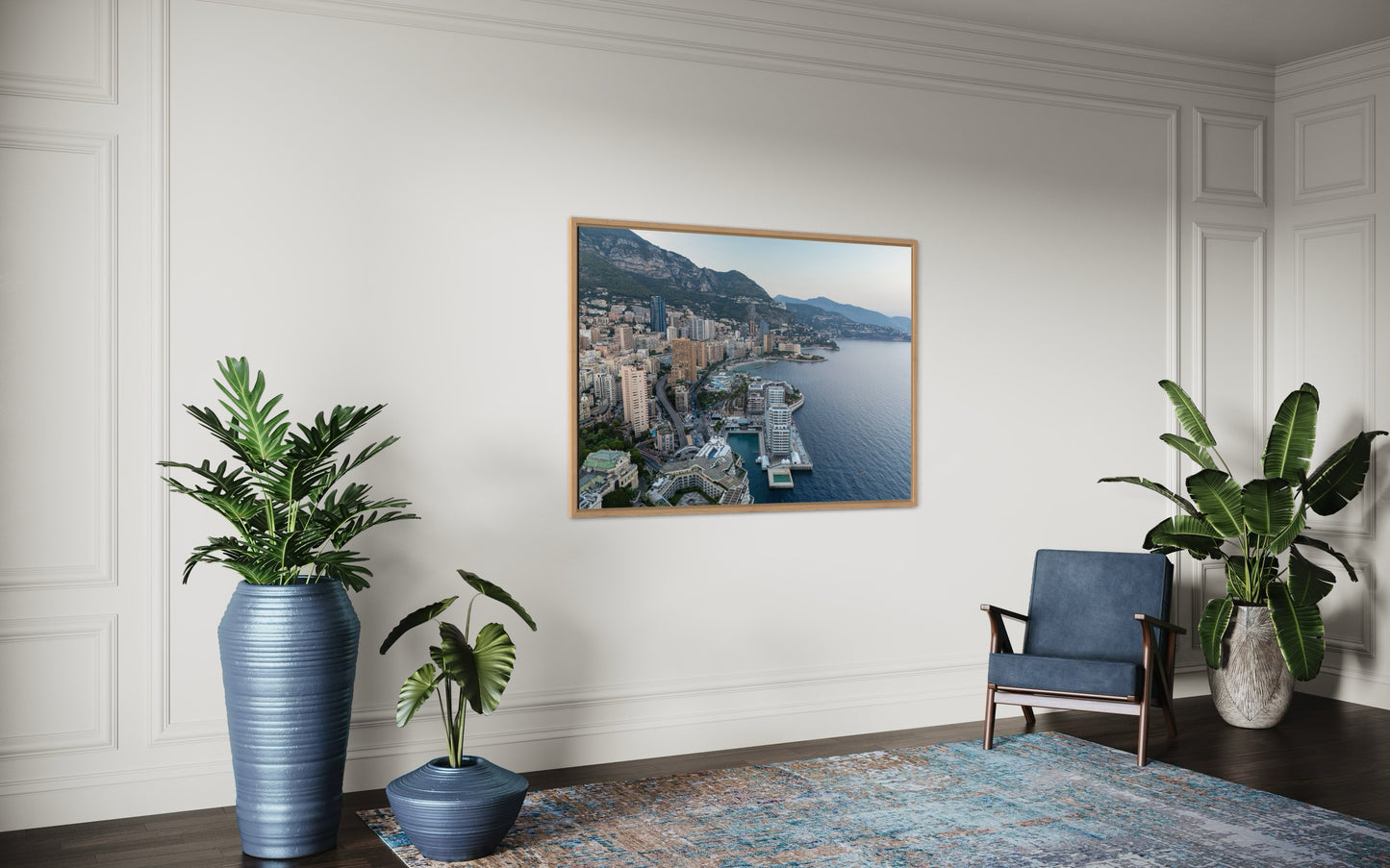 landskabsbillede udover Monte Carlo, i Monaco. Dronebillede af landskab, natur og arkitektur trykt som plakat eller på fotolærred til hjemmet.